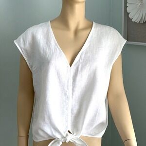 SAGE‎ The Label cropped linen v neck sleeveless tie front white top women's L